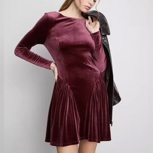 PRIMARK BURGUNDY VELVET PLEATED LONG SLEEVE SKATER DRESS